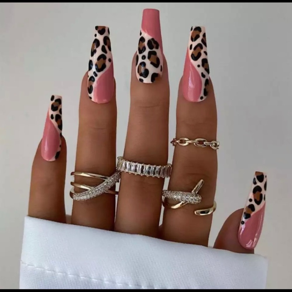 Cheetah 24Pcs Marble Gradient Long Coffin Press On Nails - Picture 1 of 2